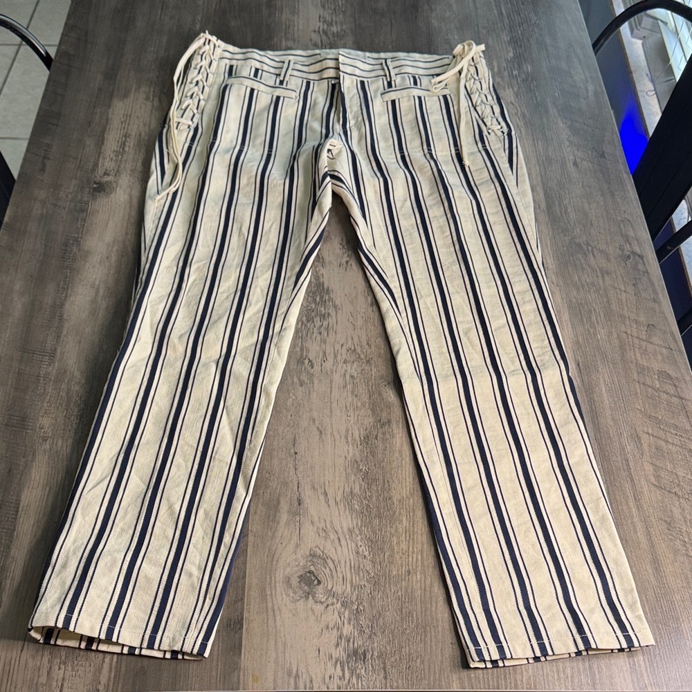 Vanessa Bruno Cream and Navy Striped Straight Leg Pants With Lace Up Side Detail - Picture 3 of 8